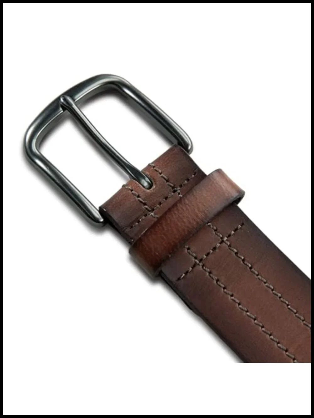 Men's Genuine Leather Belt Double Stitched Metal Buckle Casual Dress Western